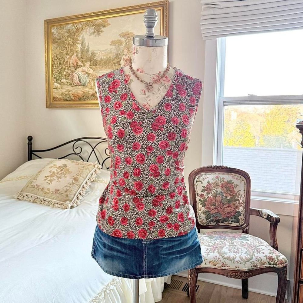 Y2K Maxwell rose floral leopard print tank‎ top size small